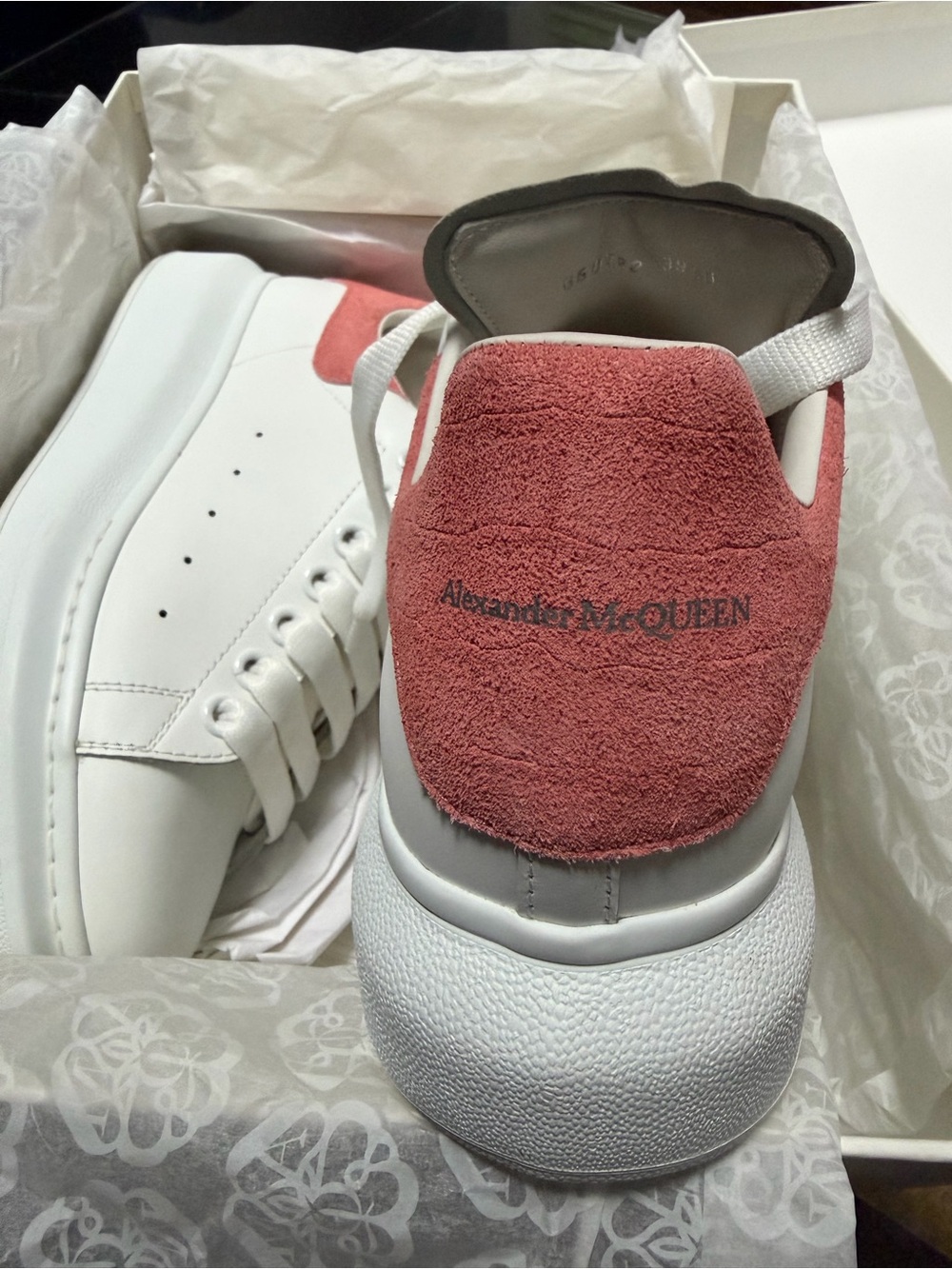 Alexander McQueen White Leather Sneakers with Rose Suede Heel Patch